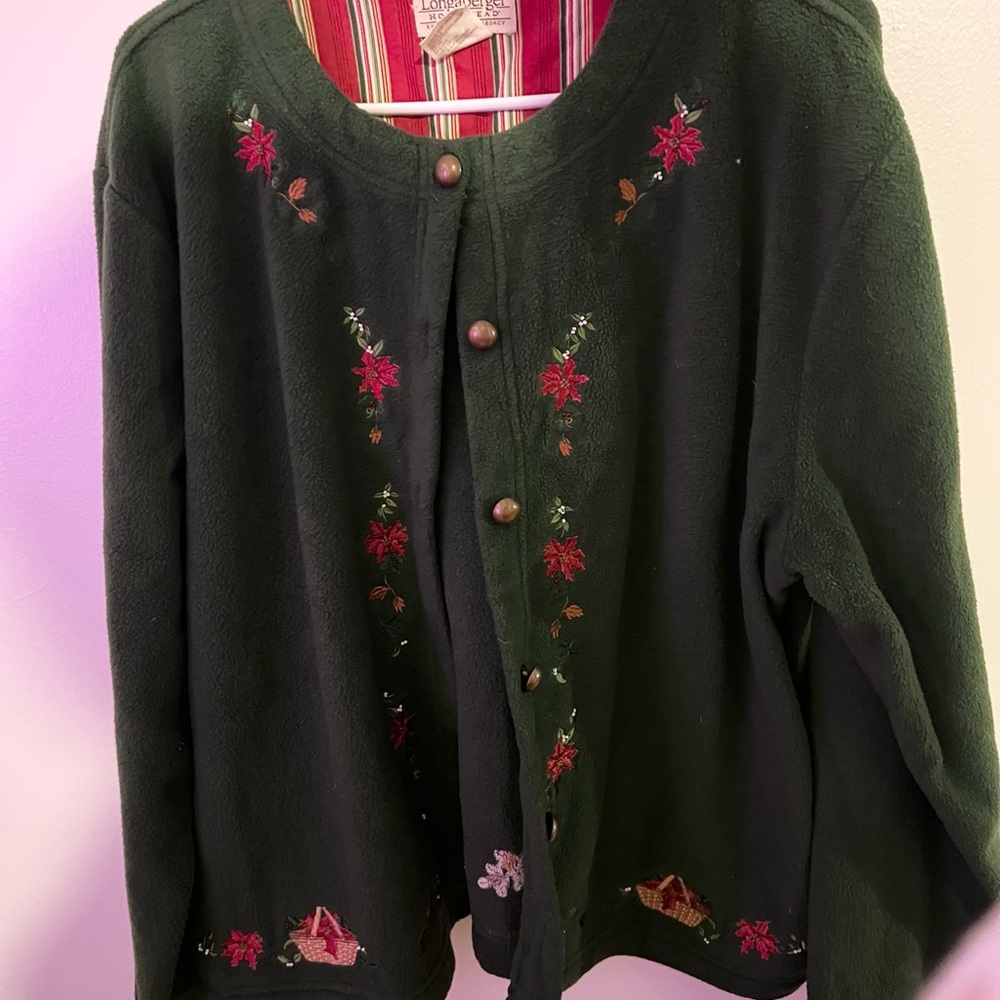 Vintage Longaberger Dark Green Embroidered Button Cardigan